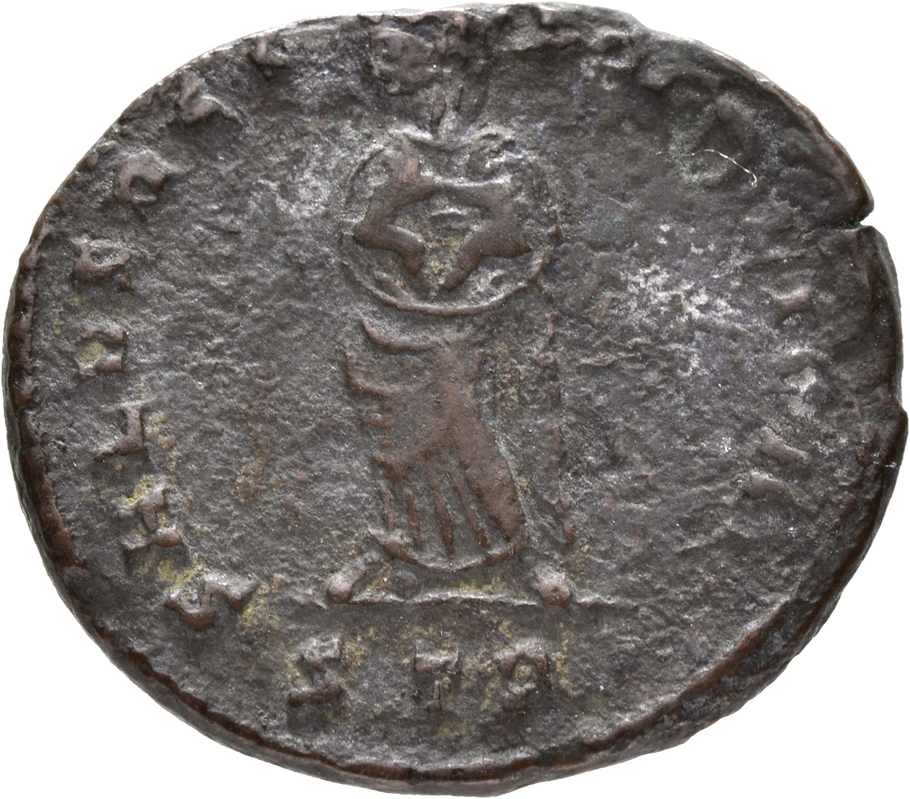 RIC VII Treveri 459 Constantine I reverse, Salus, veiled, draped, standing front, head left, holding two children in her arms