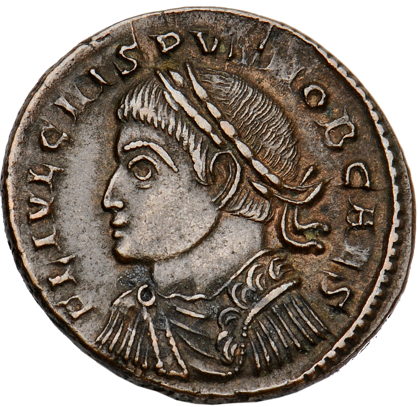 Constantine I obverse — Bust of Crispus, laureate, draped, cuirassed, left