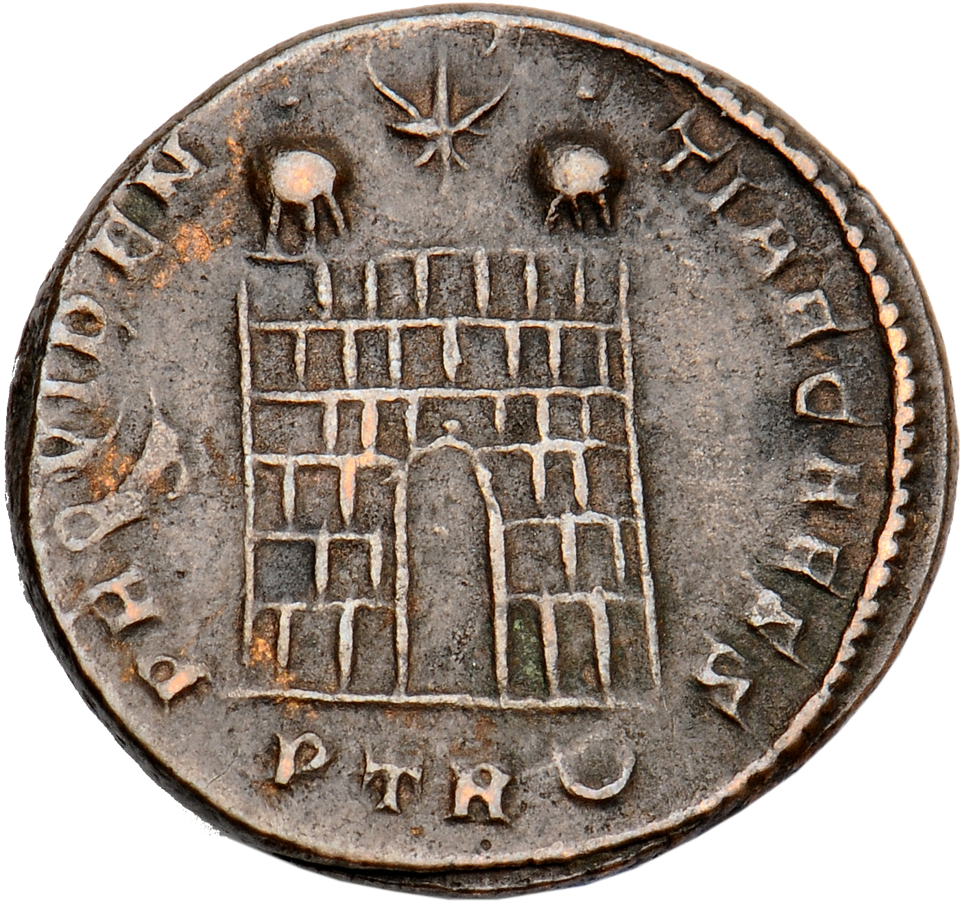 Constantine I reverse — Camp gate with two turrets, without doors; star above
