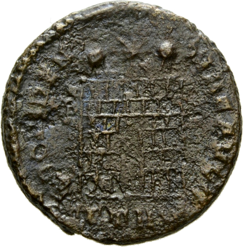 RIC VII Treveri 475 Constantine I reverse, Camp gate with two turrets, without doors; star above