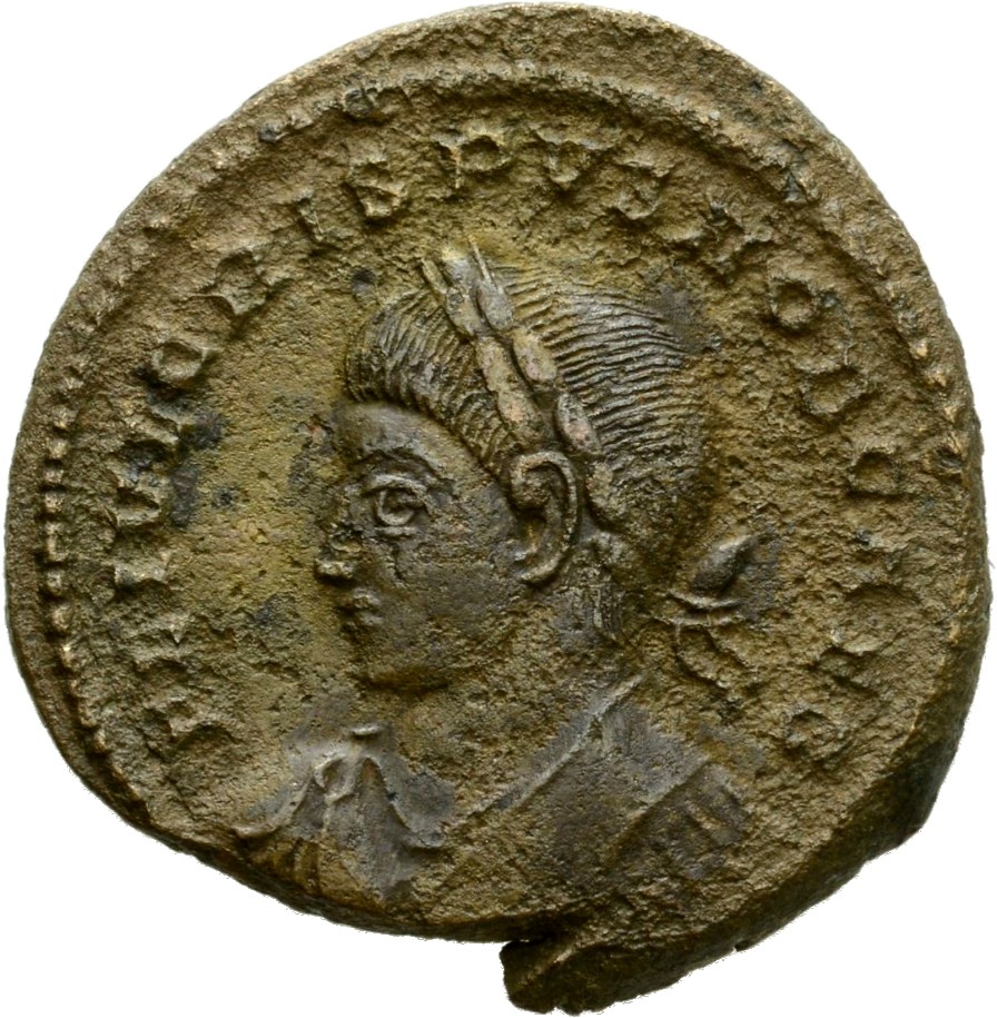 RIC VII Treveri 477 Constantine I obverse, Bust of Crispus, laureate, draped, cuirassed, left