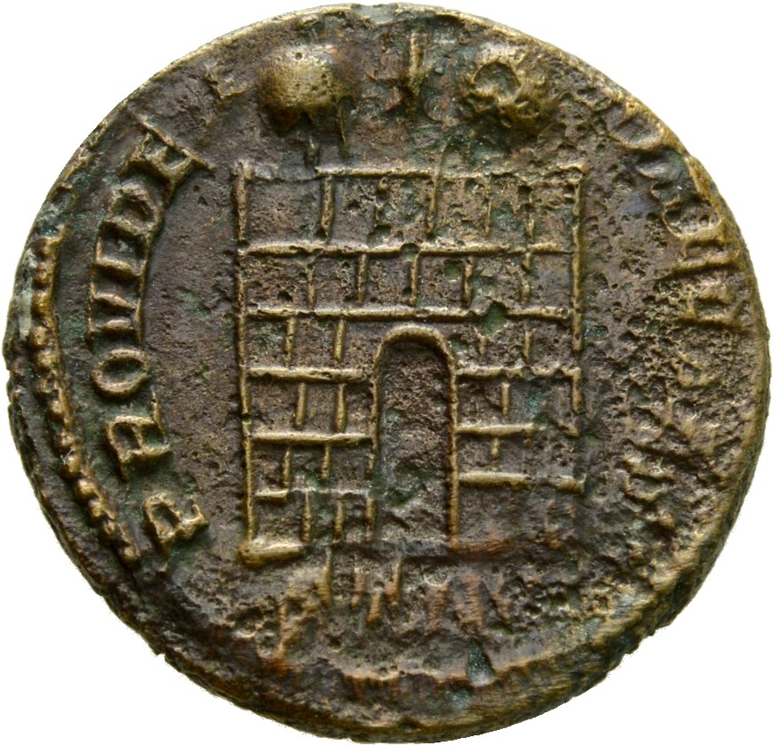 RIC VII Treveri 477 Constantine I reverse, Camp gate with two turrets, without doors; star above