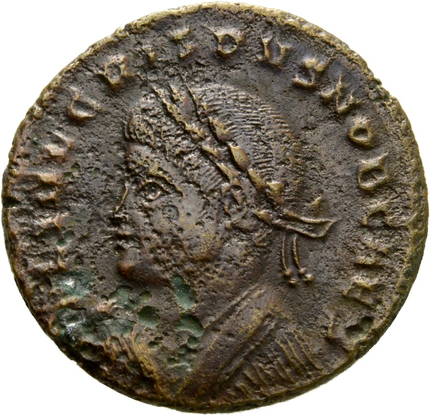 RIC VII Treveri 477 Constantine I obverse, Bust of Crispus, laureate, draped, cuirassed, left