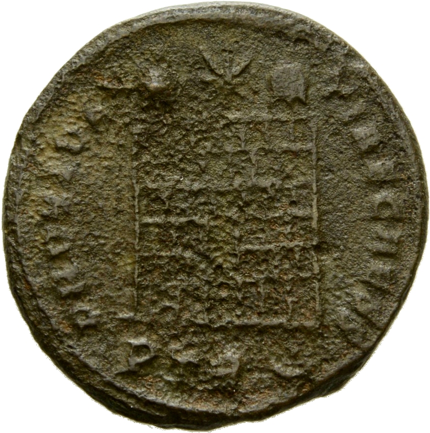 RIC VII Treveri 479 Constantine I reverse, Camp gate with two turrets, without doors; star above