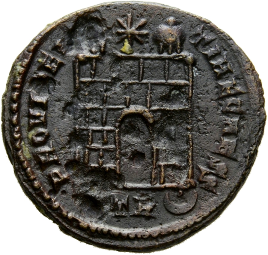 RIC VII Treveri 479 Constantine I reverse, Camp gate with two turrets, without doors; star above