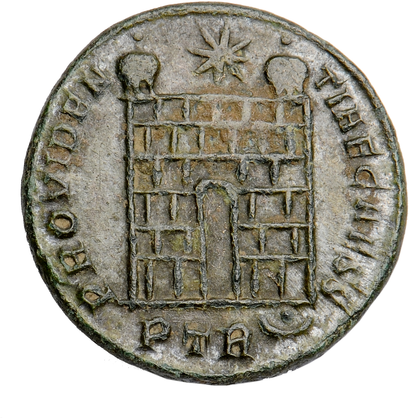 RIC VII Treveri 480 Constantine I reverse, Camp gate with two turrets, without doors; star above
