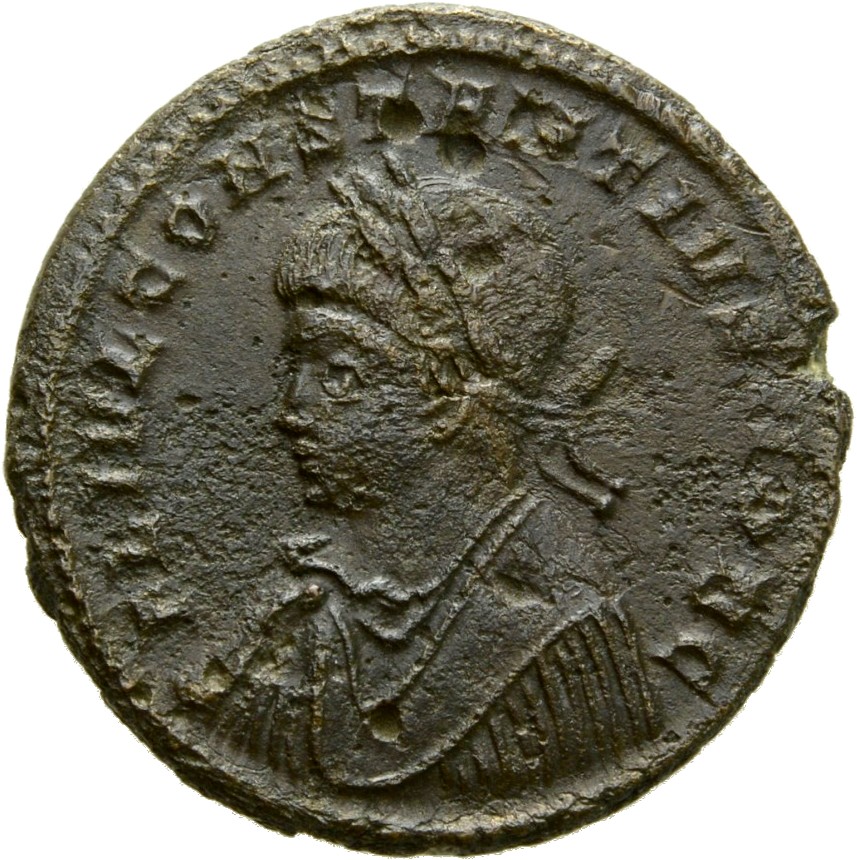 RIC VII Treveri 480 Constantine I obverse, Bust of Constantius II, laureate, draped, cuirassed, left