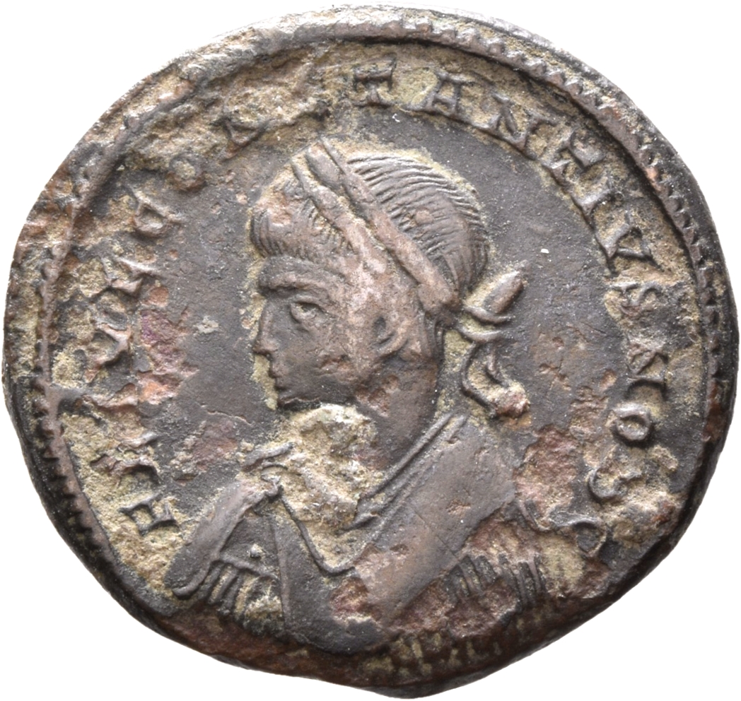 RIC VII Treveri 480 Constantine I obverse, Bust of Constantius II, laureate, draped, cuirassed, left