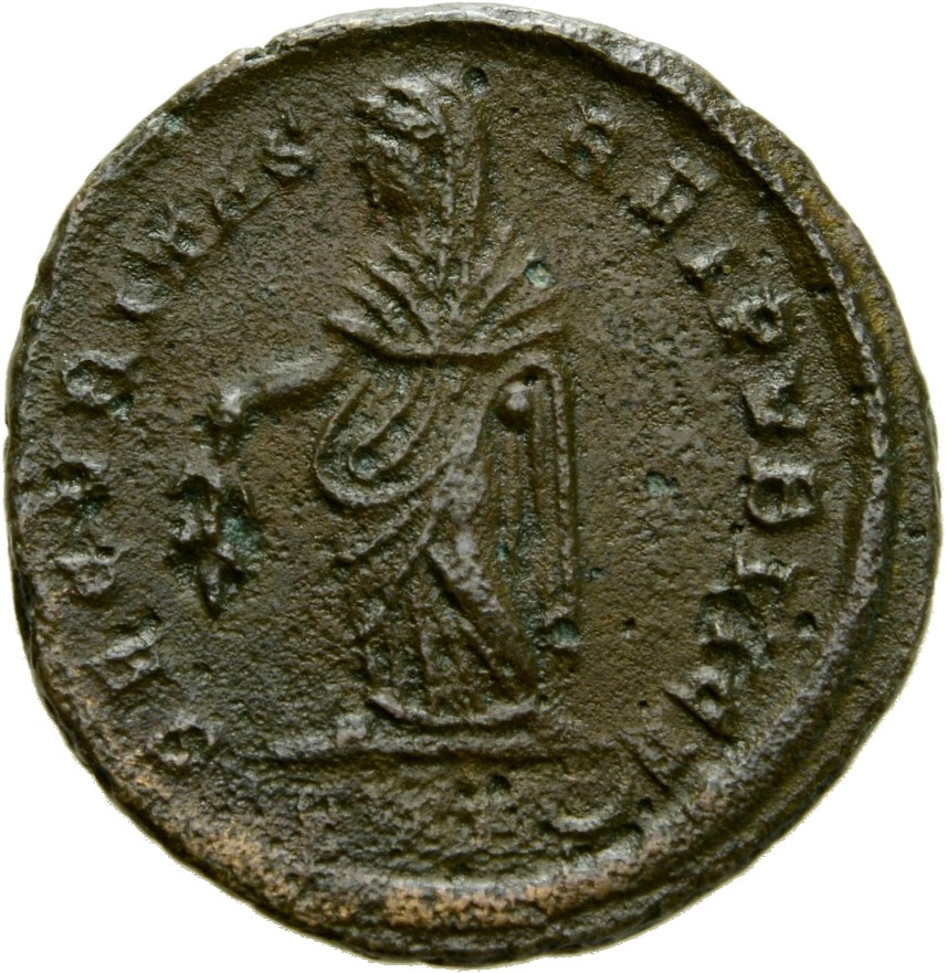 RIC VII Treveri 481 Constantine I reverse, SECURITAS, draped, standing left, raising robe with right hand and lowering bra...