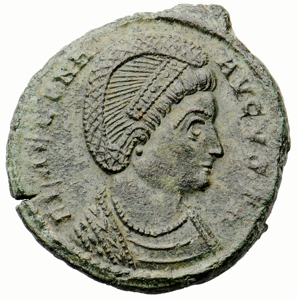 RIC VII Treveri 481 Constantine I obverse, Bust of Helena, wearing necklace and mantle, right