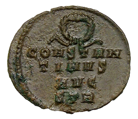 RIC VII Treveri 485 Constantine I reverse, CONSTAN/TINVS/AVG, wreath above