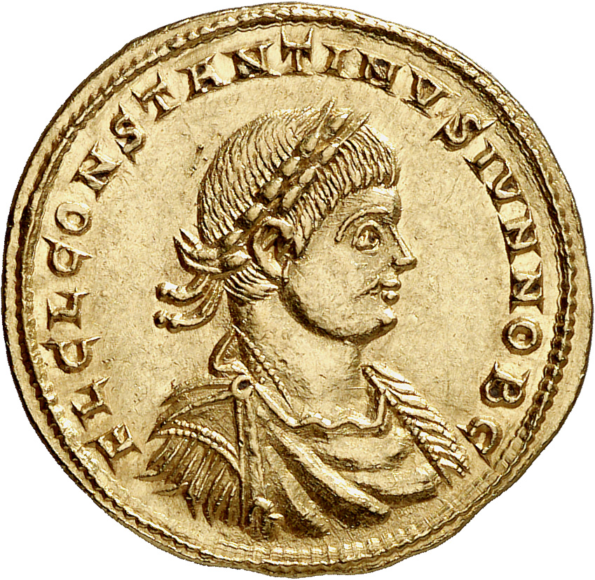 Constantine I obverse — Bust of Constantine II, laureate, draped, cuirassed, right
