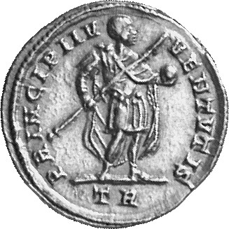 Constantine I reverse — Constantine II, draped, cuirassed, standing right, holding transverse spear in right hand and globe in left hand
