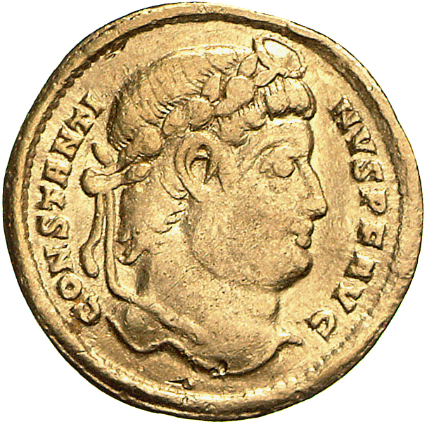 RIC VII Treveri 502 Constantine I obverse, Head of Constantine II, laureate, right