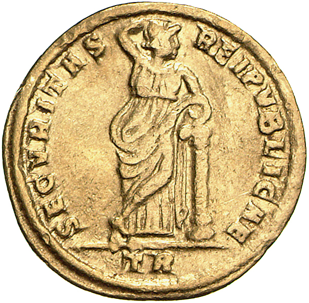 RIC VII Treveri 502 Constantine I reverse, SECURITAS, draped, standing front, head right, placing right hand on head and l...