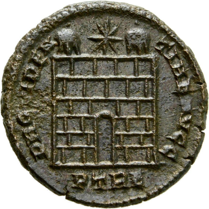 RIC VII Treveri 504 Constantine I reverse, Camp gate with two turrets, without doors; star above