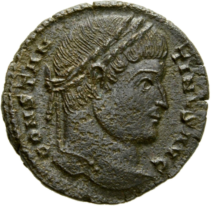 RIC VII Treveri 504 Constantine I obverse, Head of Constantine II, laureate, right
