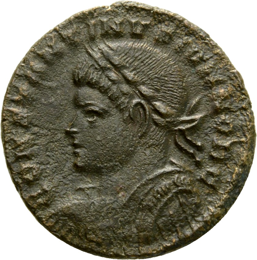 RIC VII Treveri 505 Constantine I obverse, Bust of Constantine II, laureate, draped, cuirassed, left