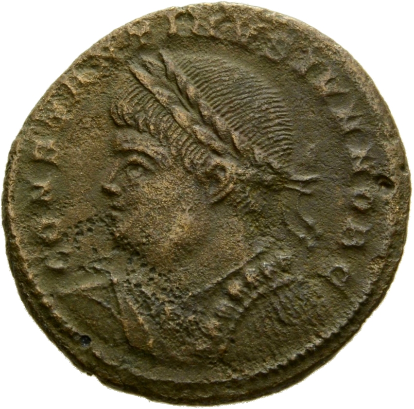 RIC VII Treveri 505 Constantine I obverse — Bust of Constantine II, laureate, draped, cuirassed, left