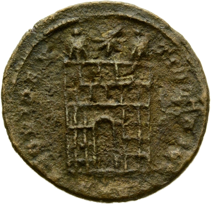 RIC VII Treveri 505 Constantine I reverse — Camp gate with two turrets, without doors; star above
