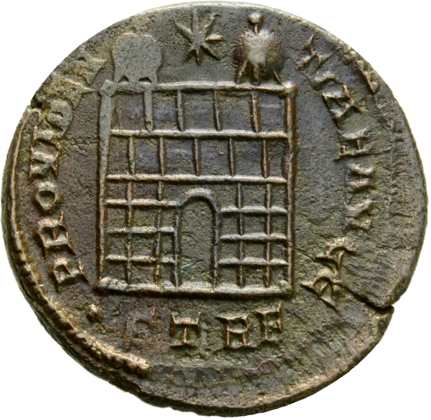 RIC VII Treveri 509 Constantine I reverse, Camp gate with two turrets, without doors; star above