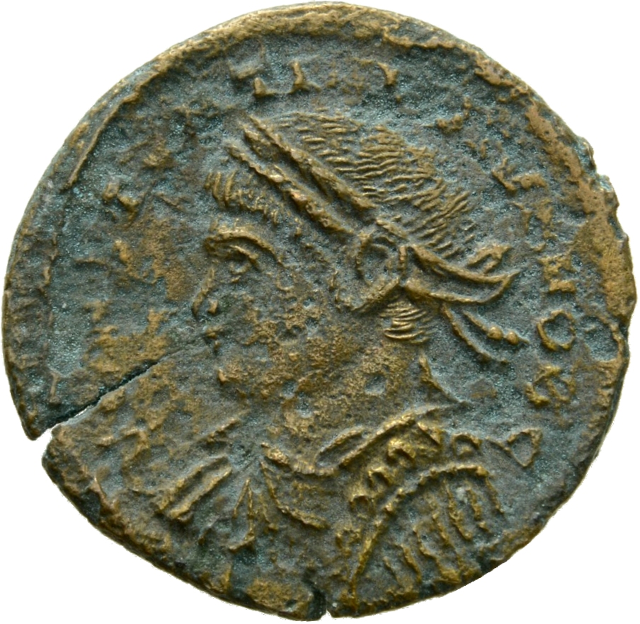 RIC VII Treveri 512 Constantine I obverse, Bust of Constantine II, laureate, draped, cuirassed, left