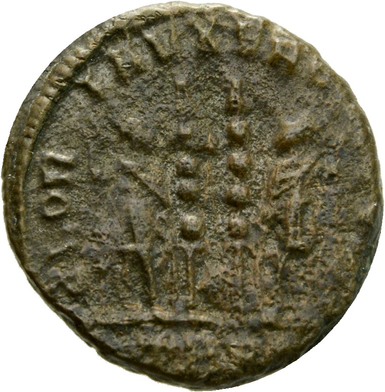 RIC VII Treveri 520 Constantine I reverse, Two soldiers, helmeted, draped, cuirassed, standing facing each other, each hol...