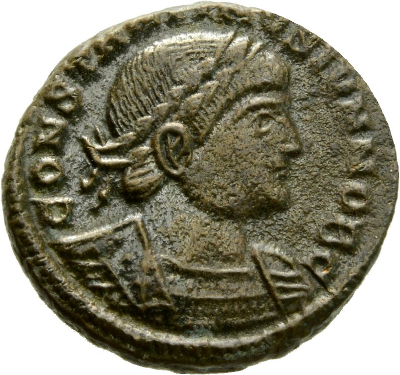 RIC VII Treveri 520 Constantine I obverse, Bust of Constantine II, laureate, cuirassed, right