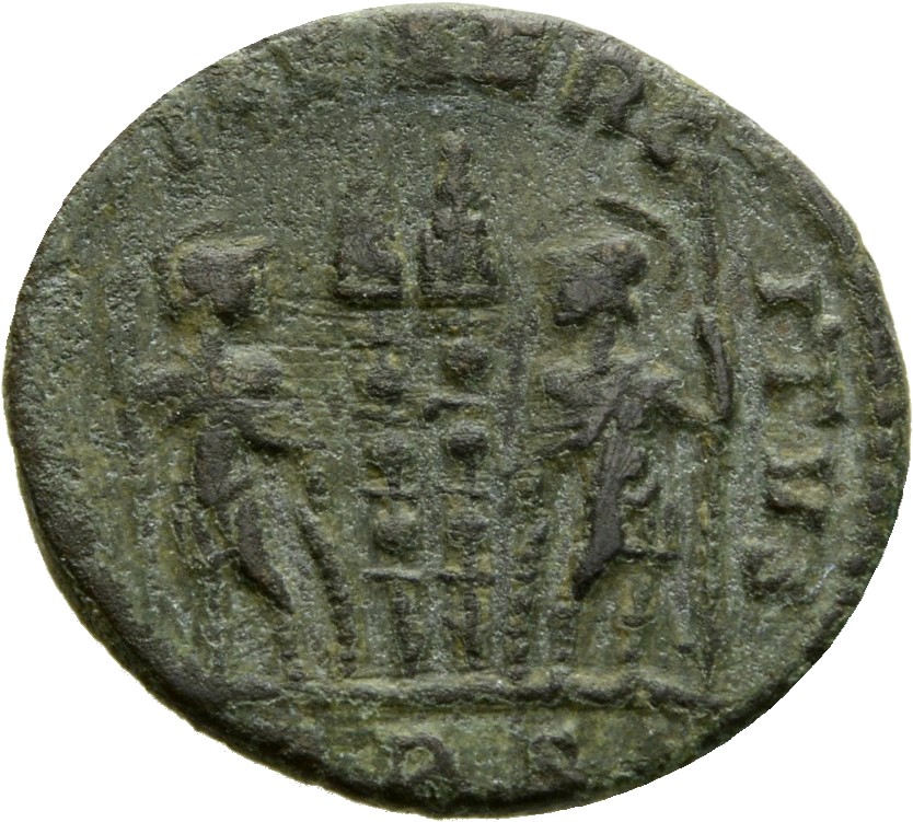 RIC VII Treveri 520 Constantine I reverse, Two soldiers, helmeted, draped, cuirassed, standing facing each other, each hol...