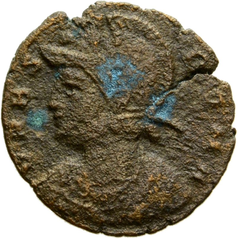 RIC VII Treveri 522 Constantine I obverse, Bust of Roma, helmeted, wearing imperial cloak, left