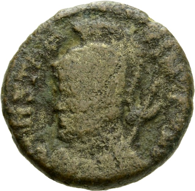 RIC VII Treveri 523 Constantine I obverse, Bust of Constantinopolis, laureate, helmeted, wearing imperial cloak, left, hol...