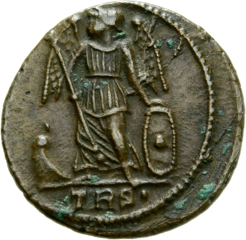 RIC VII Treveri 530 Constantine I reverse, Victory, winged, draped, standing left on prow, holding spear in right hand and...