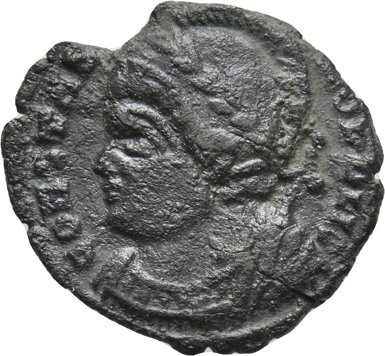 RIC VII Treveri 530 Constantine I obverse, Bust of Constantinopolis, laureate, helmeted, wearing imperial cloak, left, hol...