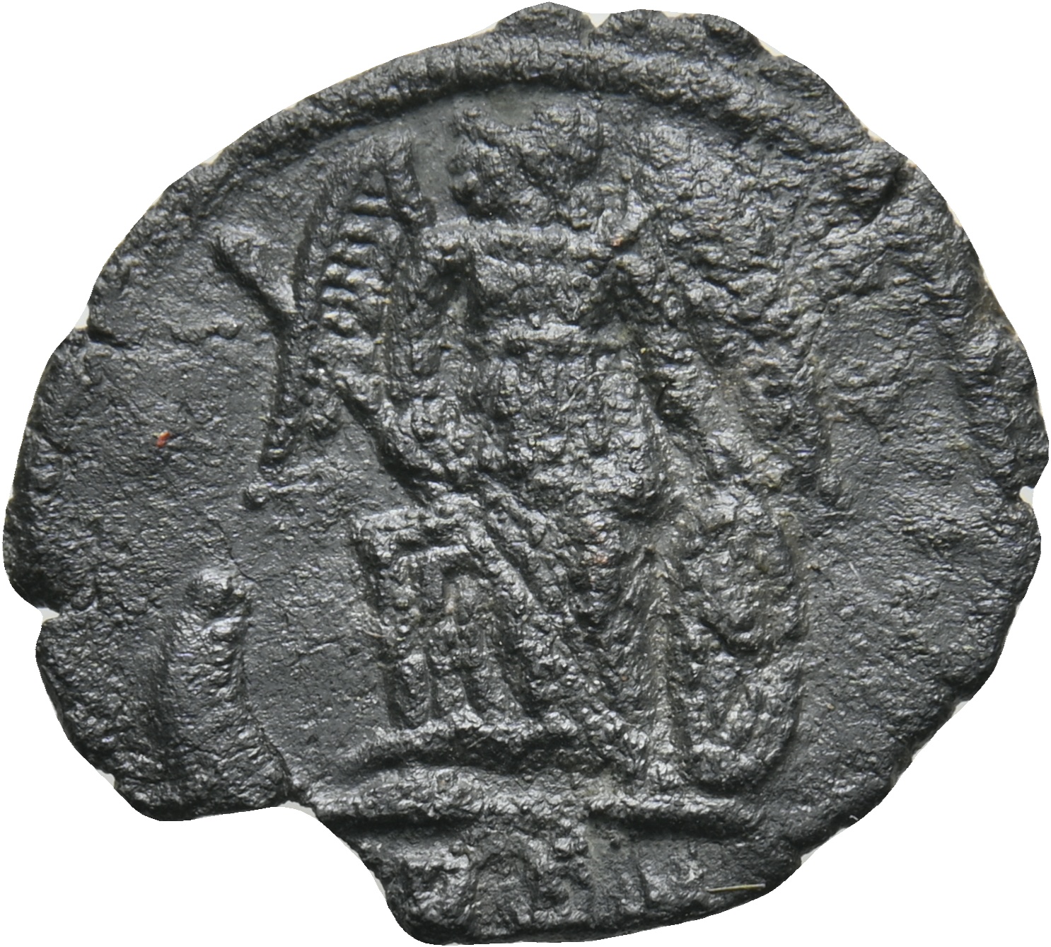 RIC VII Treveri 530 Constantine I reverse, Victory, winged, draped, standing left on prow, holding spear in right hand and...