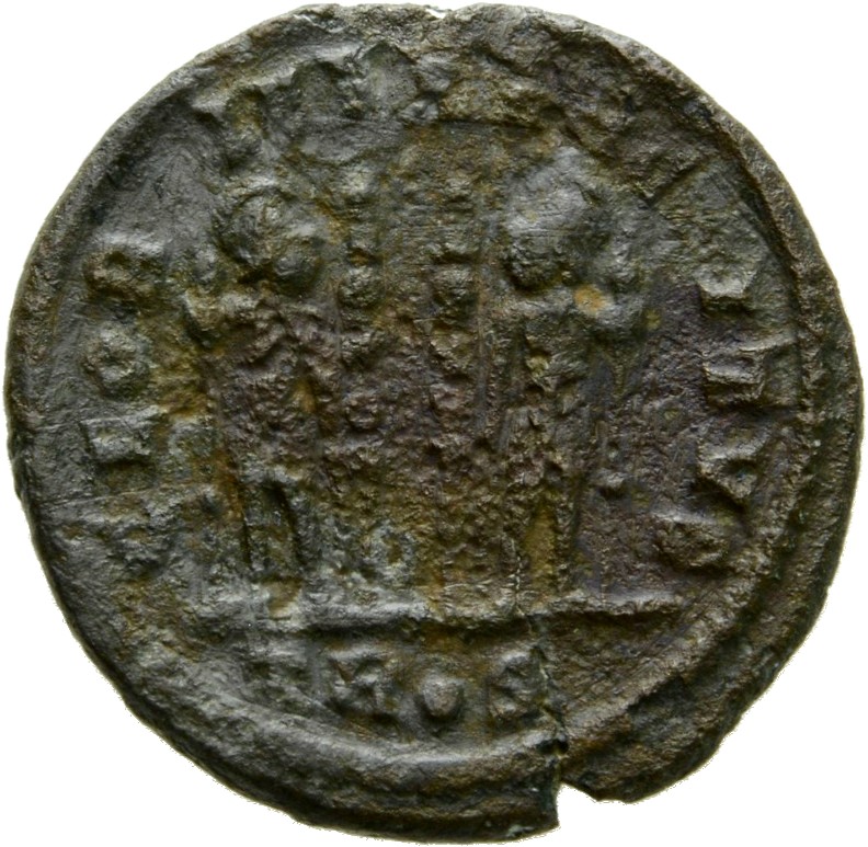 RIC VII Treveri 537 Constantine I reverse, Two soldiers, helmeted, draped, cuirassed, standing facing each other, each hol...