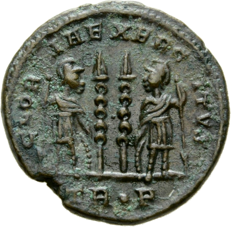 RIC VII Treveri 537 Constantine I reverse, Two soldiers, helmeted, draped, cuirassed, standing facing each other, each hol...