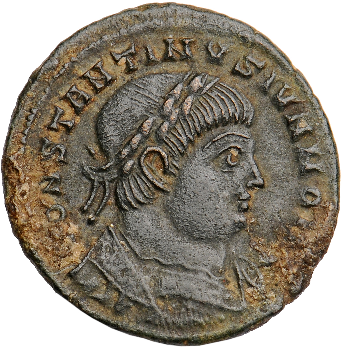 RIC VII Treveri 539 Constantine I obverse, Bust of Constantine II, laureate, cuirassed, right