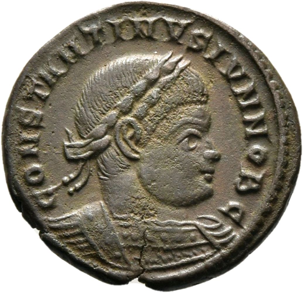 RIC VII Treveri 539 Constantine I obverse, Bust of Constantine II, laureate, cuirassed, right