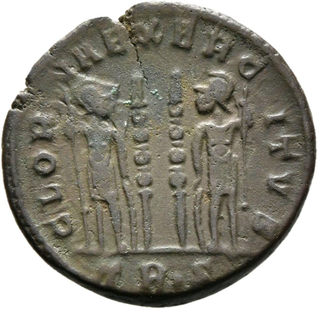 RIC VII Treveri 539 Constantine I reverse, Two soldiers, helmeted, draped, cuirassed, standing facing each other, each hol...