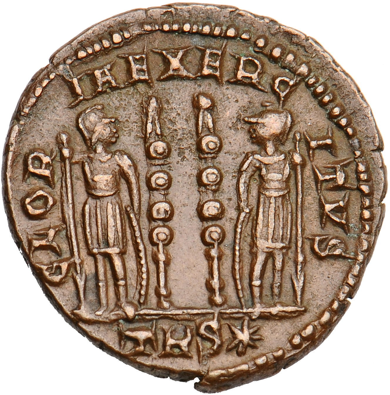 RIC VII Treveri 545 Constantine I reverse, Two soldiers, helmeted, draped, cuirassed, standing facing each other, each hol...