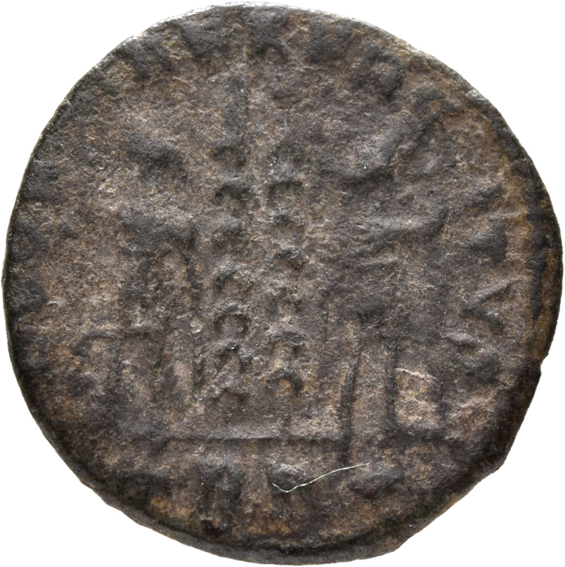 RIC VII Treveri 545 Constantine I reverse, Two soldiers, helmeted, draped, cuirassed, standing facing each other, each hol...