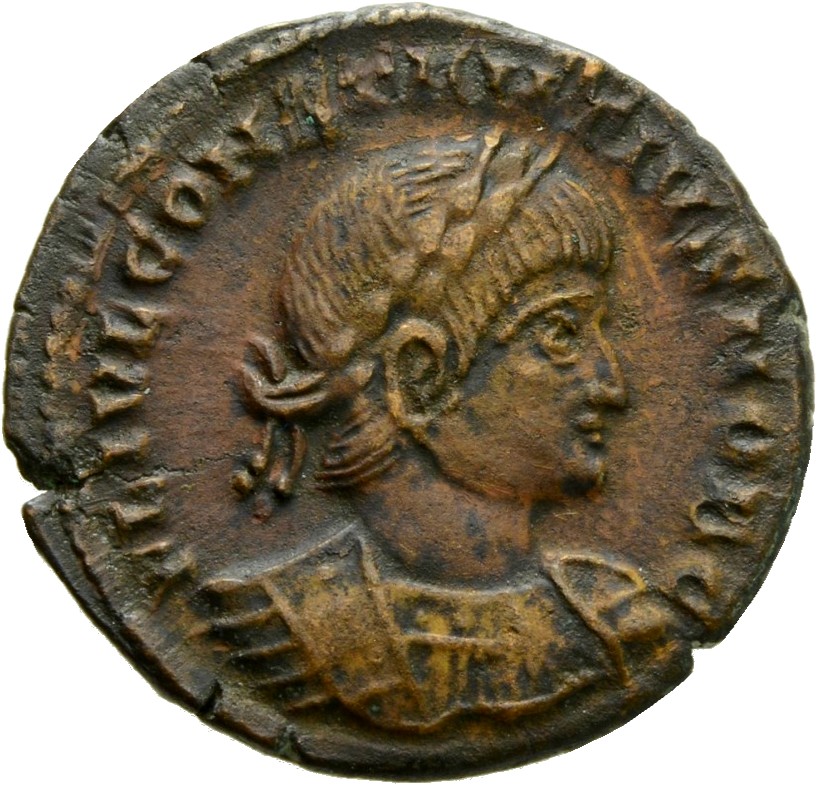 RIC VII Treveri 546 Constantine I obverse, Bust of Constantius II, laureate, cuirassed, right