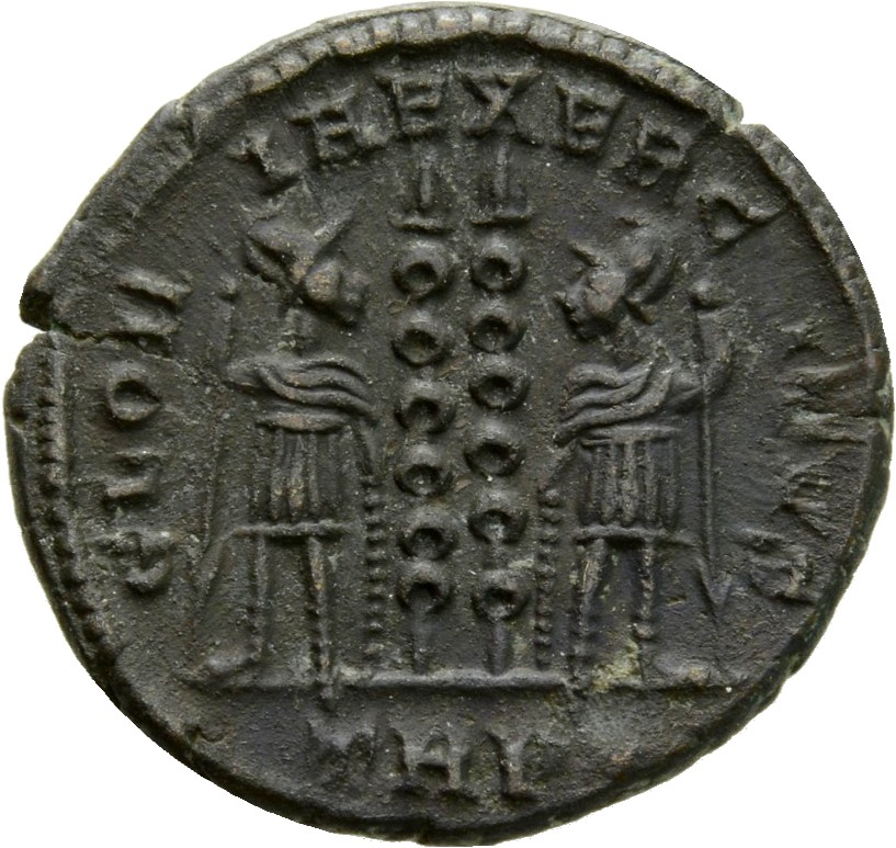 RIC VII Treveri 546 Constantine I reverse, Two soldiers, helmeted, draped, cuirassed, standing facing each other, each hol...