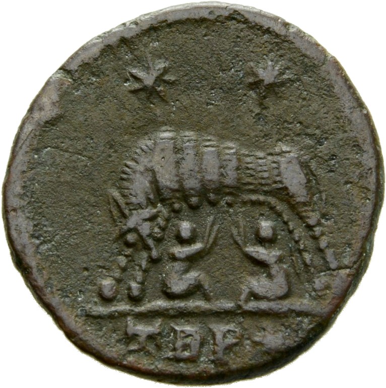 RIC VII Treveri 547 Constantine I reverse, She-wolf, standing left, suckling twins; above, two stars