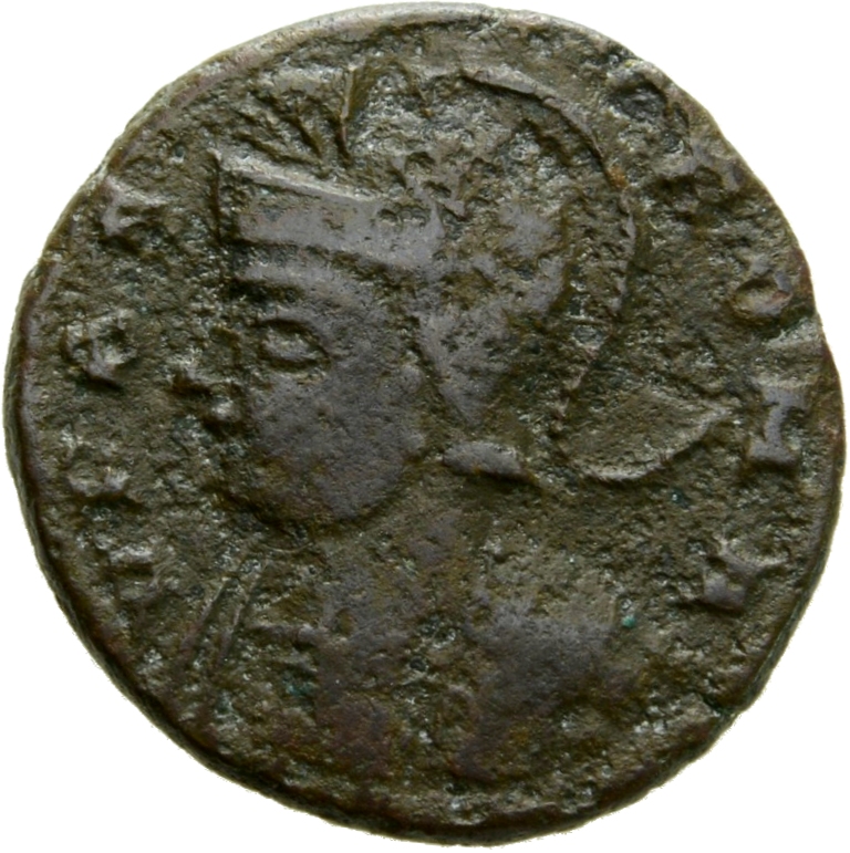 RIC VII Treveri 547 Constantine I obverse, Bust of Roma, helmeted, wearing imperial cloak, left