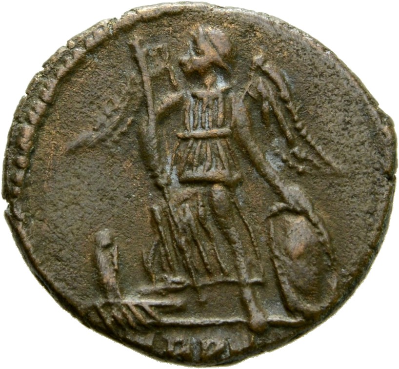 RIC VII Treveri 548 Constantine I reverse, Victory, winged, draped, standing left on prow, holding spear in right hand and...