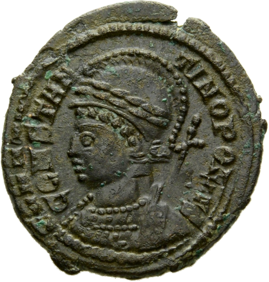 RIC VII Treveri 548 Constantine I obverse, Bust of Constantinopolis, laureate, helmeted, wearing imperial cloak, left, hol...