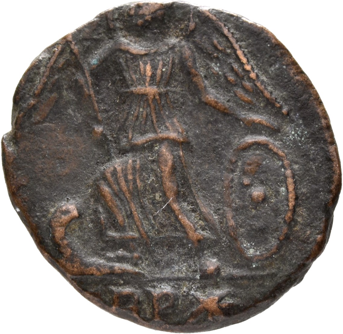 RIC VII Treveri 548 Constantine I reverse, Victory, winged, draped, standing left on prow, holding spear in right hand and...