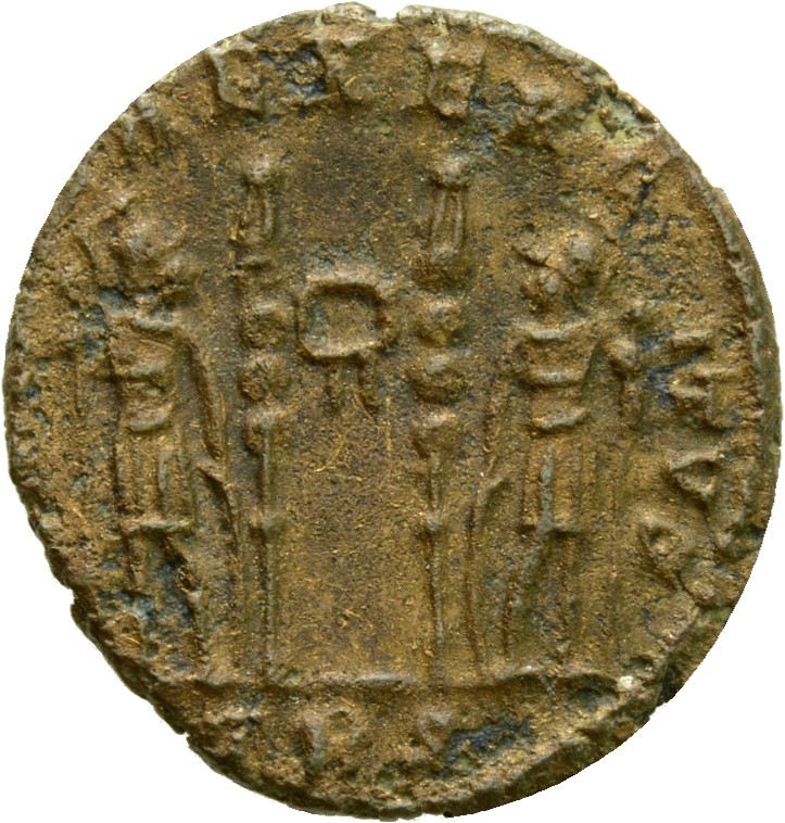 RIC VII Treveri 549 Constantine I reverse, Two soldiers, helmeted, draped, cuirassed, standing facing each other, each hol...