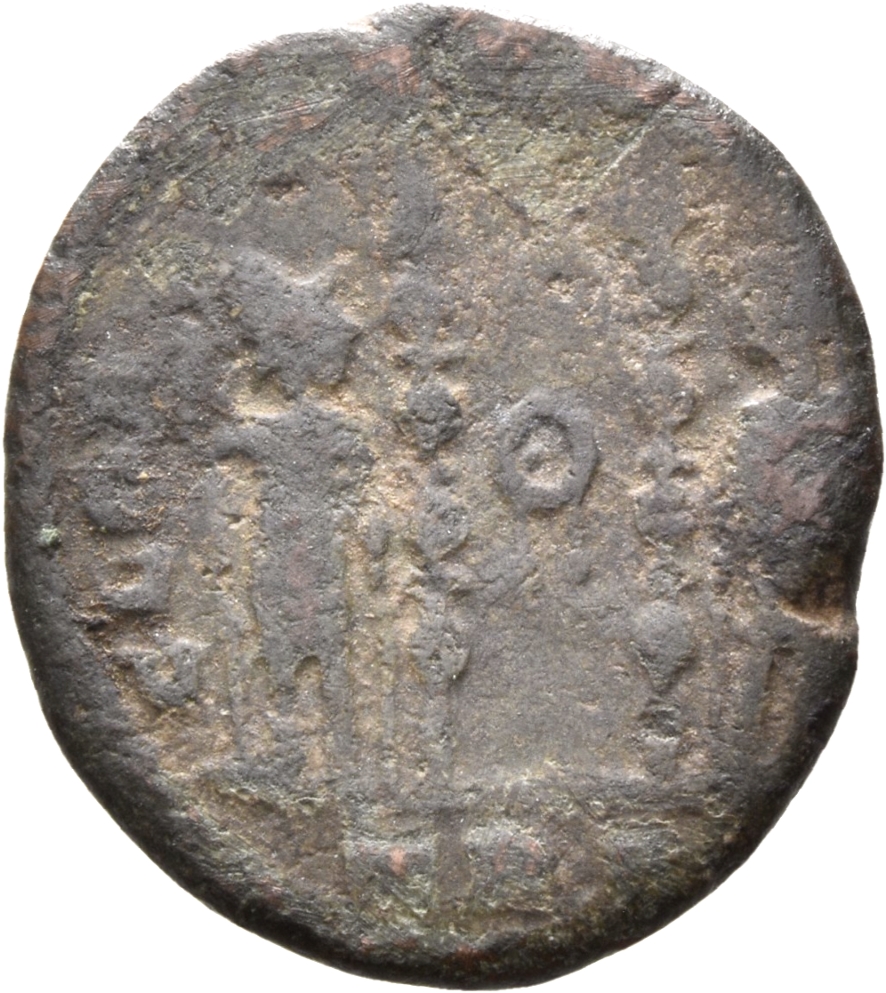 RIC VII Treveri 549 Constantine I reverse, Two soldiers, helmeted, draped, cuirassed, standing facing each other, each hol...